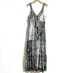 Anthropologie Boho Black White Gold Maxi Dress Strappy Paisley Tassel Sequin XL